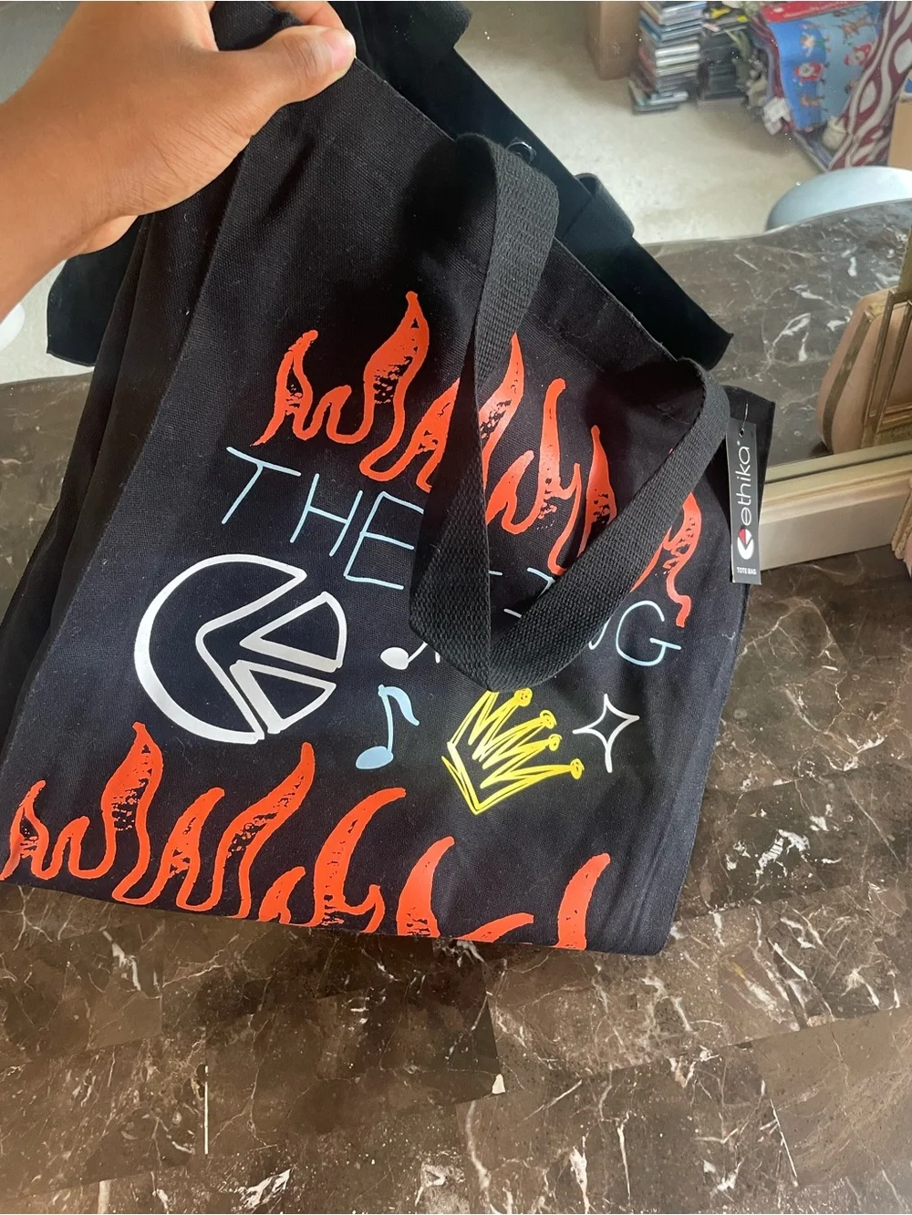 The King Black ethika Canvas Tote Bag with Orange Flame Graphics